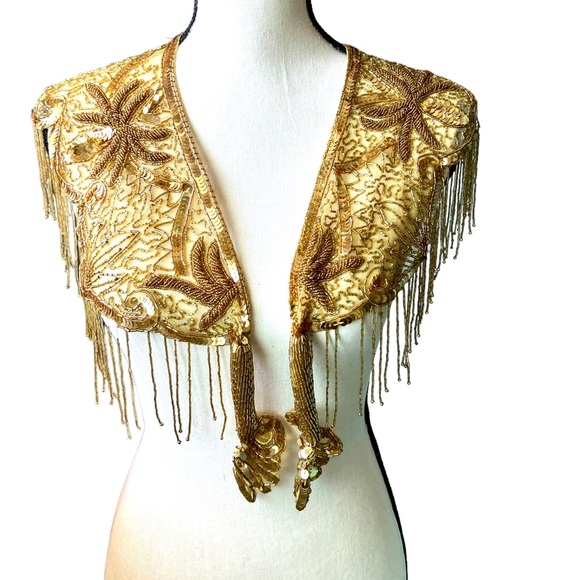 Vintage Heavily Beaded Sequined Lace Gold Tone Frilly Shrug Wrap - Picture 1 of 15